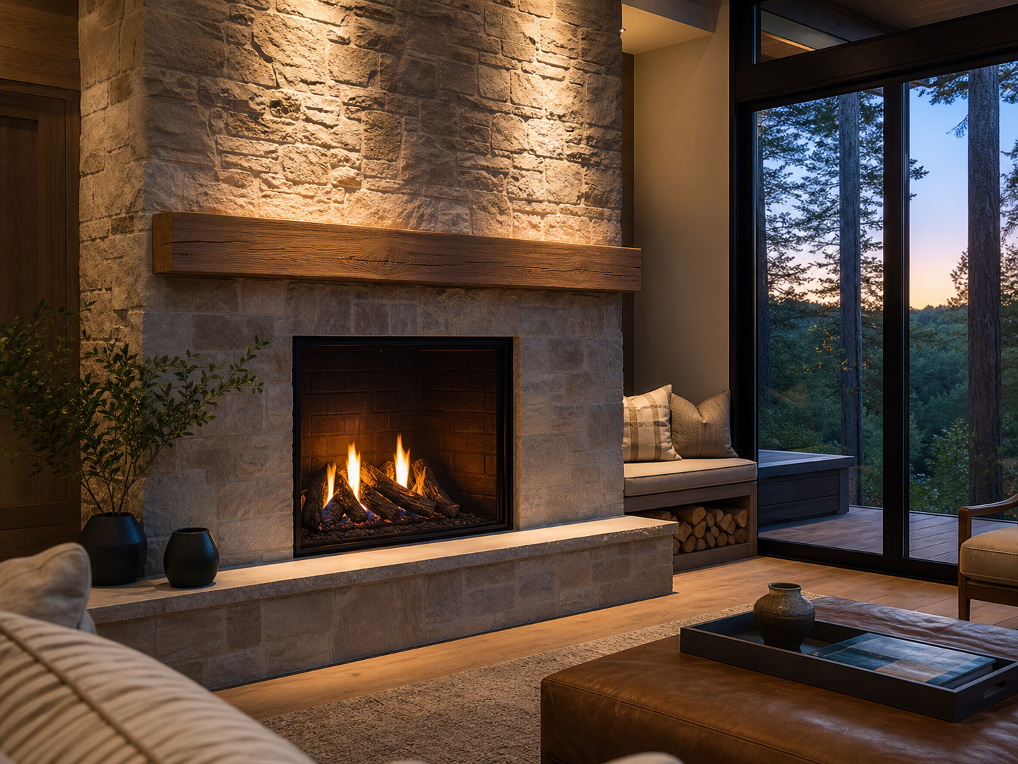 Stone fireplace with warm oak mantel